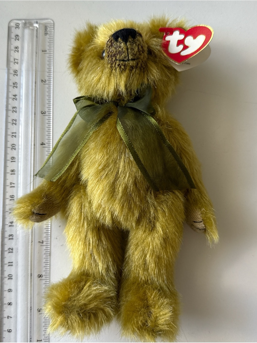 Ty Olive Green Plush Bear with Sheer Ribbon